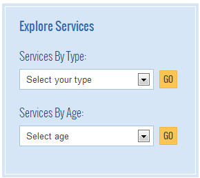 Explore Services navigation box with options to view Services by Type and Services by Age