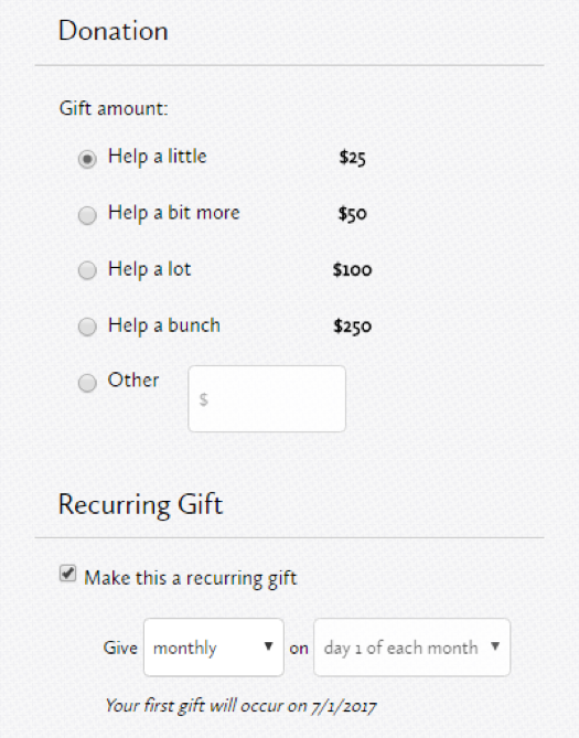 Recurring Gift Options on Online Fundraising Form