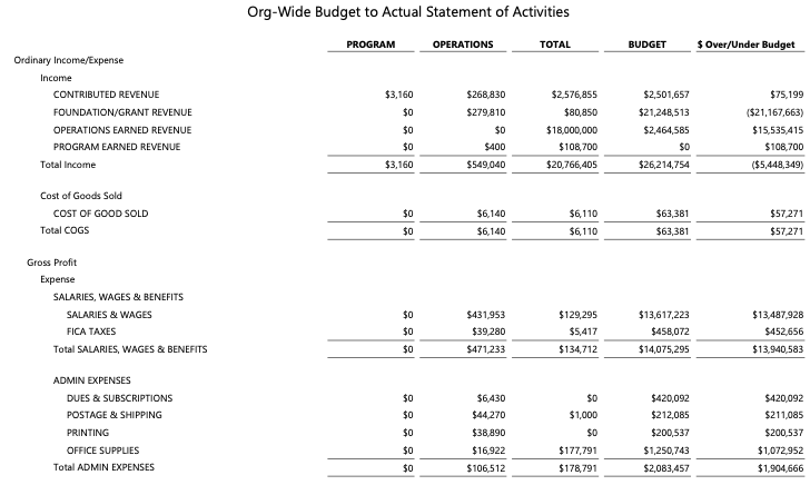 Product screenshot from Blackbaud Financial Edge NXT of an example Statement of Activities